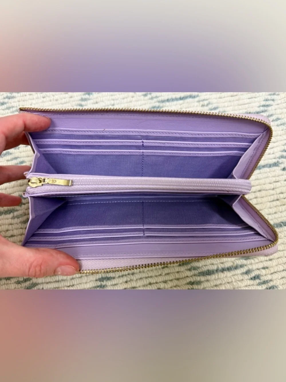 LANVIN En Bleu Lavender Floral Print Leather L-Shaped Zip Long Wallet/Clutch